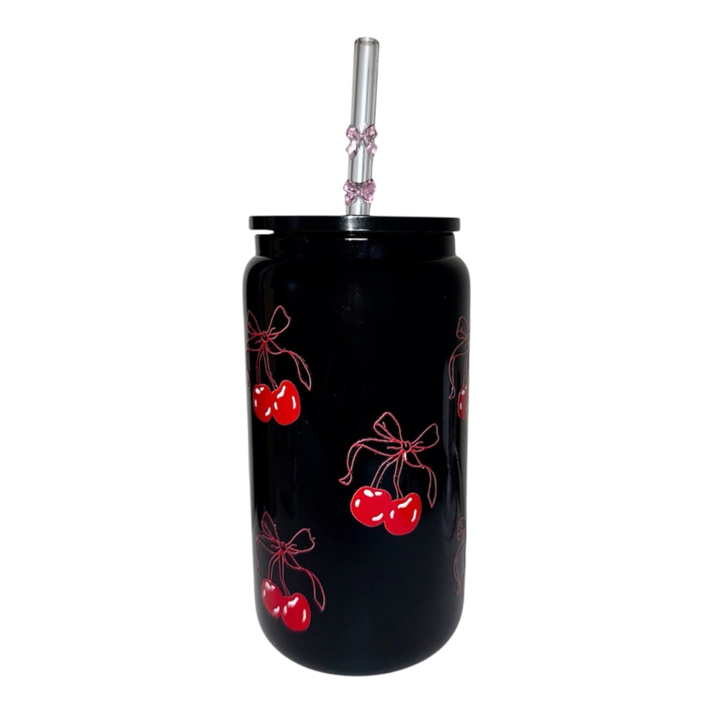 Cherry Bow Black Cup with Glass Straw - KesC & Co.